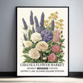Lavender & Roses Vintage Floral Wall Art featuring a mix of pastel lavender, cream, yellow, and soft pink roses & wildflowers in a garden, illustrated in a vintage botanical poster.