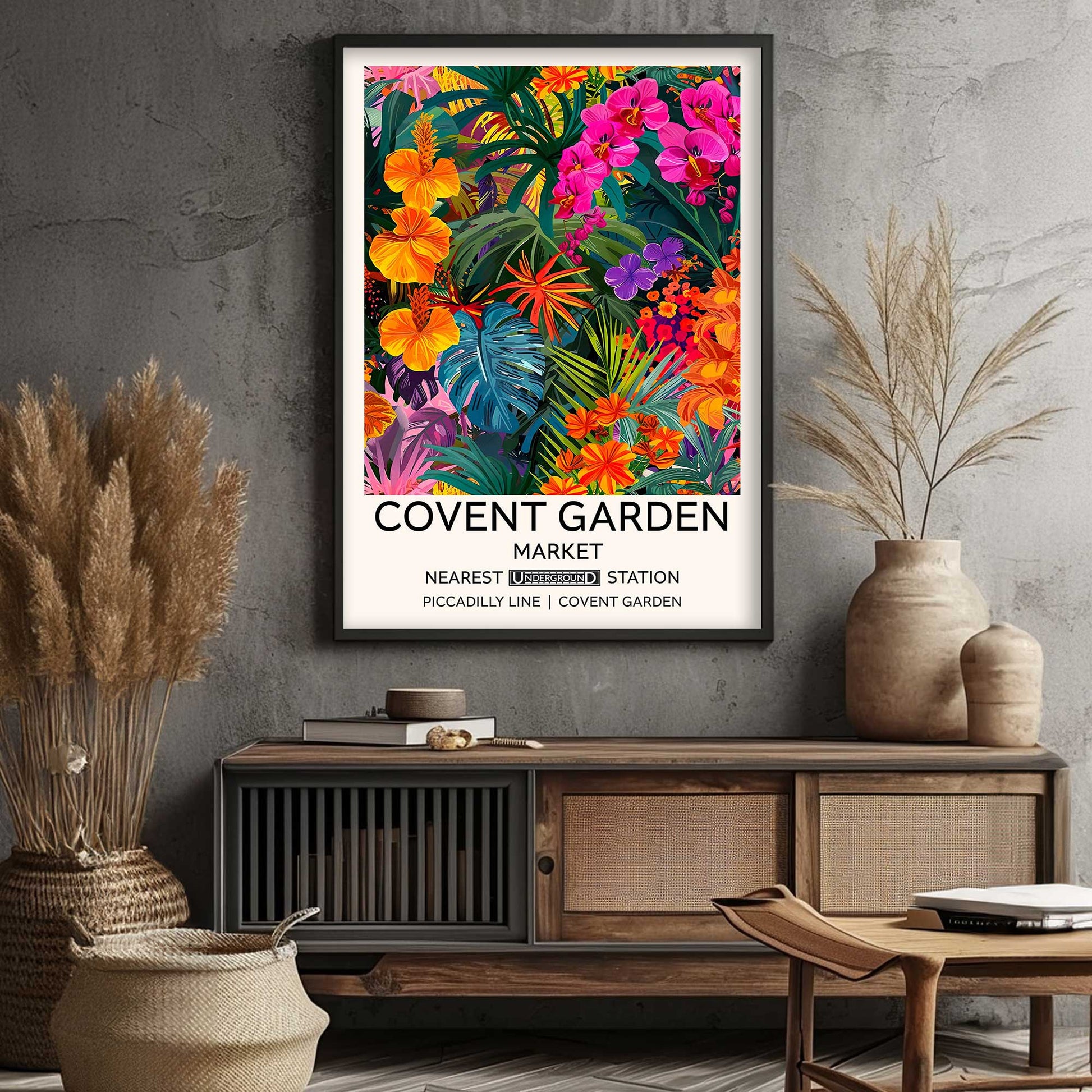 Vibrant Floral Print Tropical Garden Wall Art . Vintage Pink Yellow Flower Poster