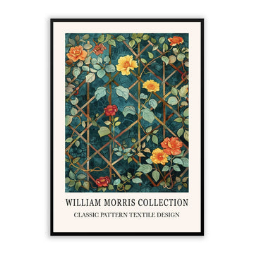 Floral Garden Vintage Wall Art featuring vintage blue and yellow flowers, inspired by William Morris Trellis Design.