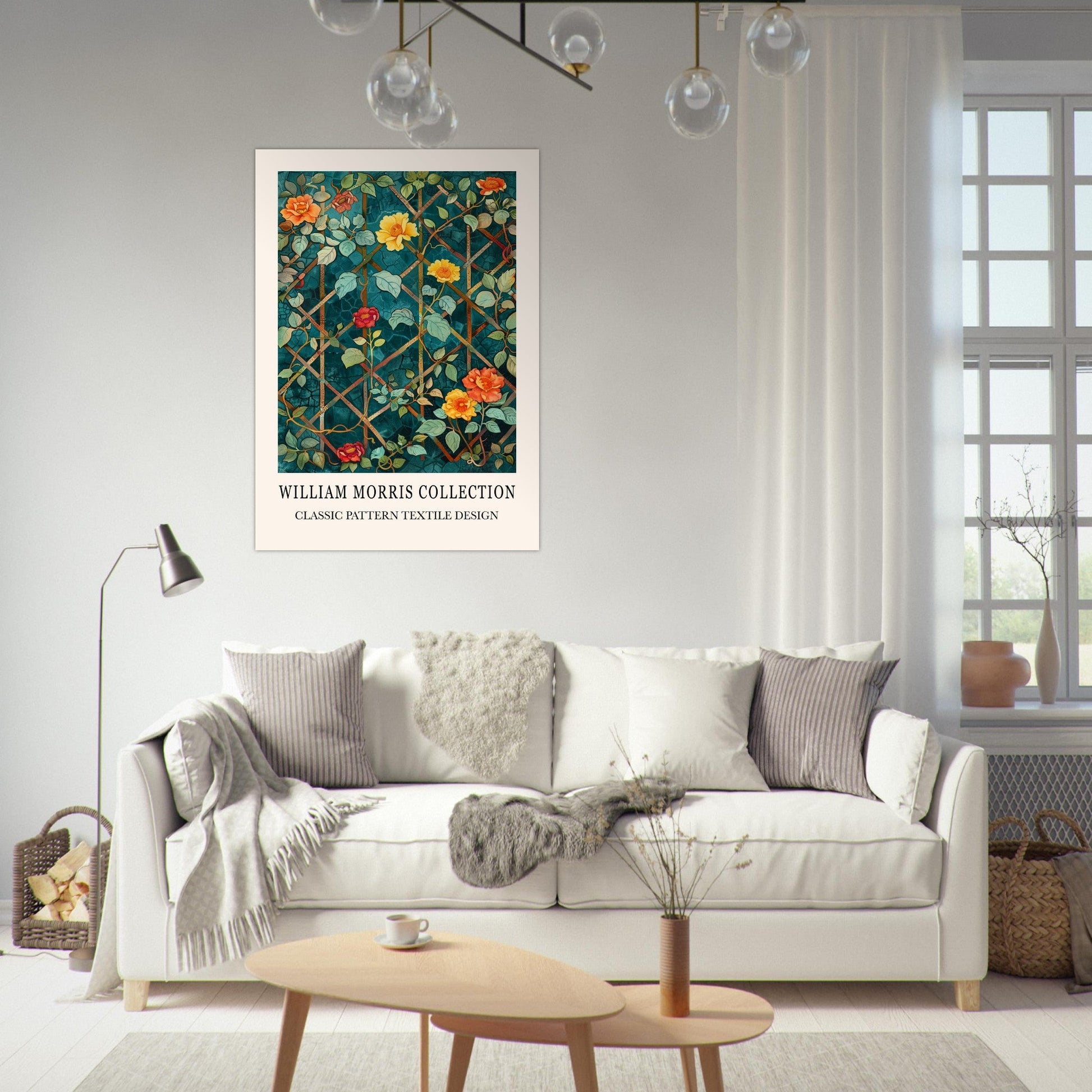 Floral Garden Vintage Wall Art featuring vintage blue and yellow flowers, inspired by William Morris Trellis Design.