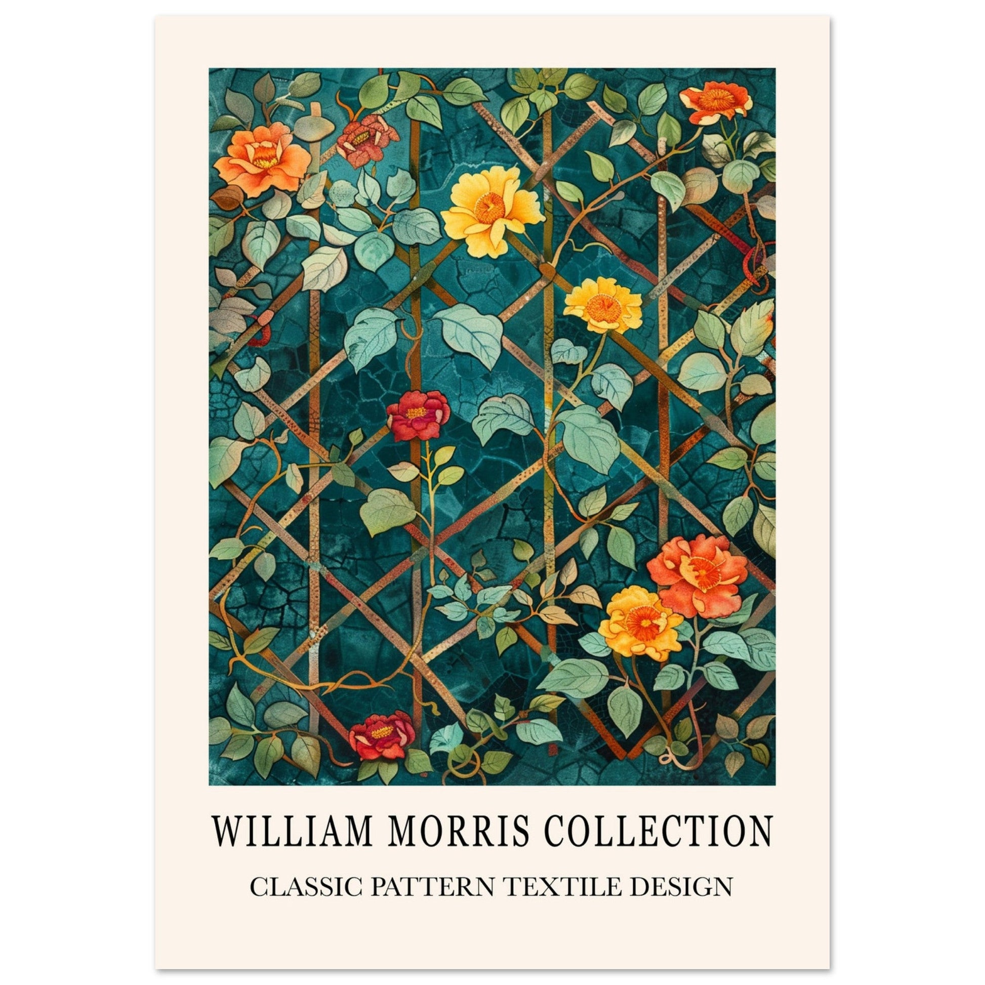 Floral Garden Vintage Wall Art featuring vintage blue and yellow flowers, inspired by William Morris Trellis Design.