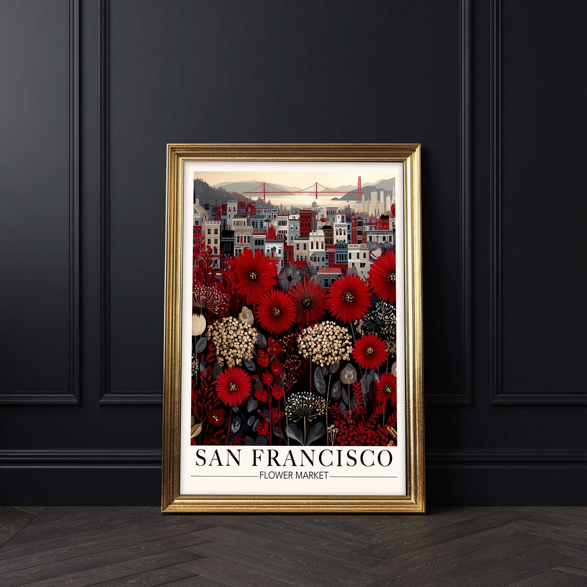 San Francisco Flower Market Print , Red Floral Print Featuring Golden Gate Bridge