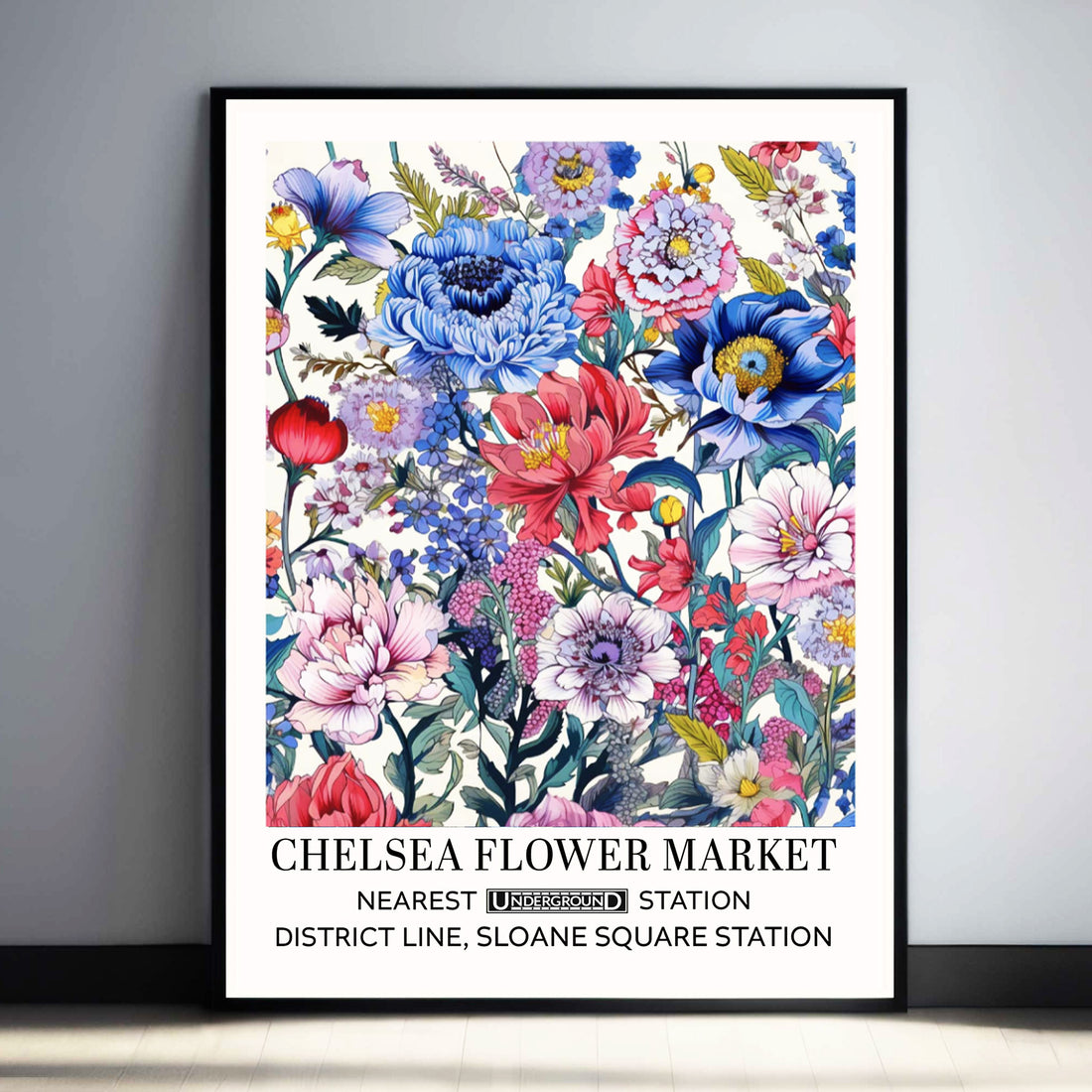 Floral wall art print shows colourful flowers arranged in a colourful vintage-style poster design.