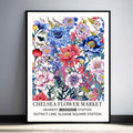 Floral wall art print shows colourful flowers arranged in a colourful vintage-style poster design.