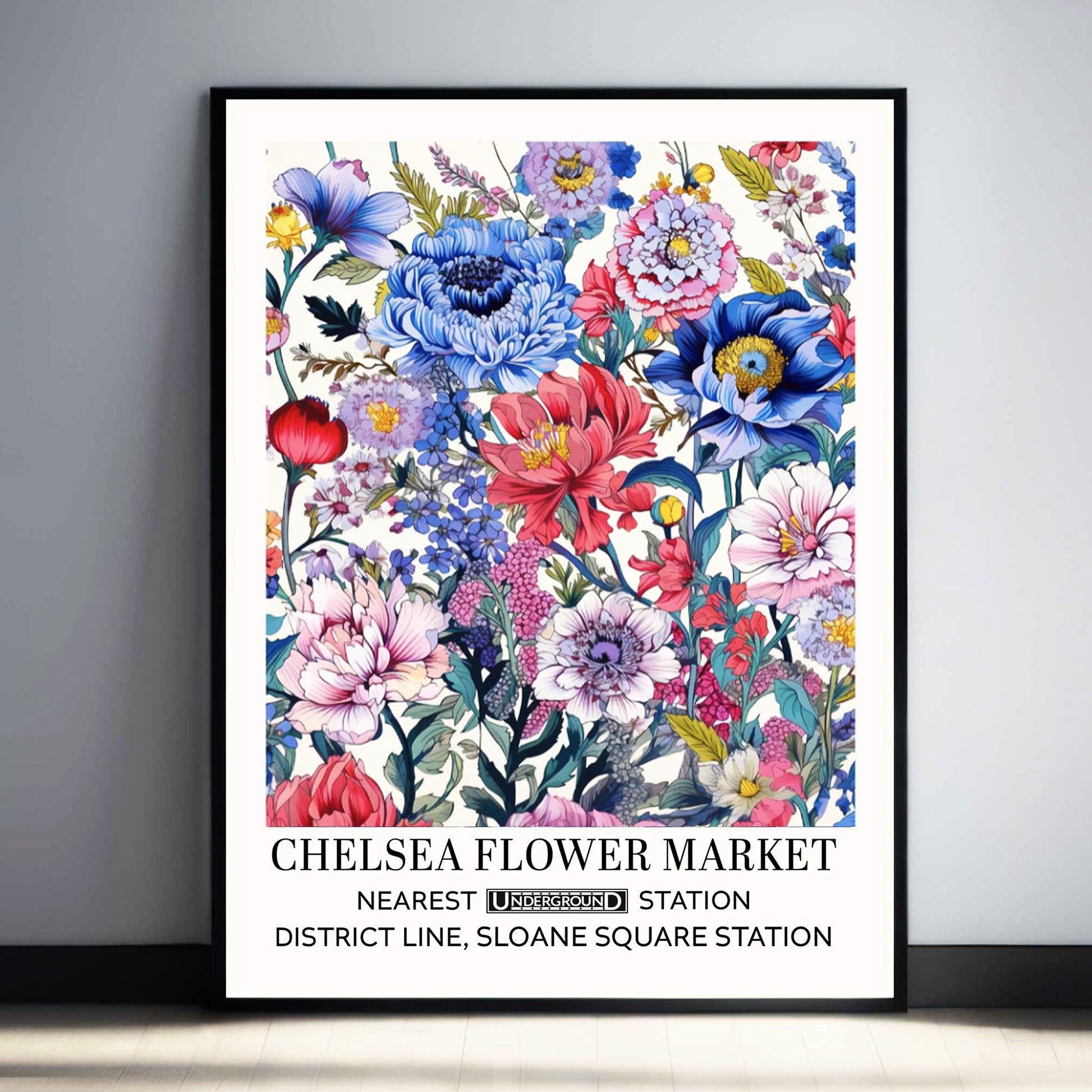 Floral wall art print shows colourful flowers arranged in a colourful vintage-style poster design.