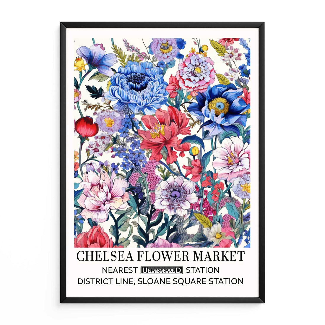 Floral wall art print shows colourful flowers arranged in a colourful vintage-style poster design.