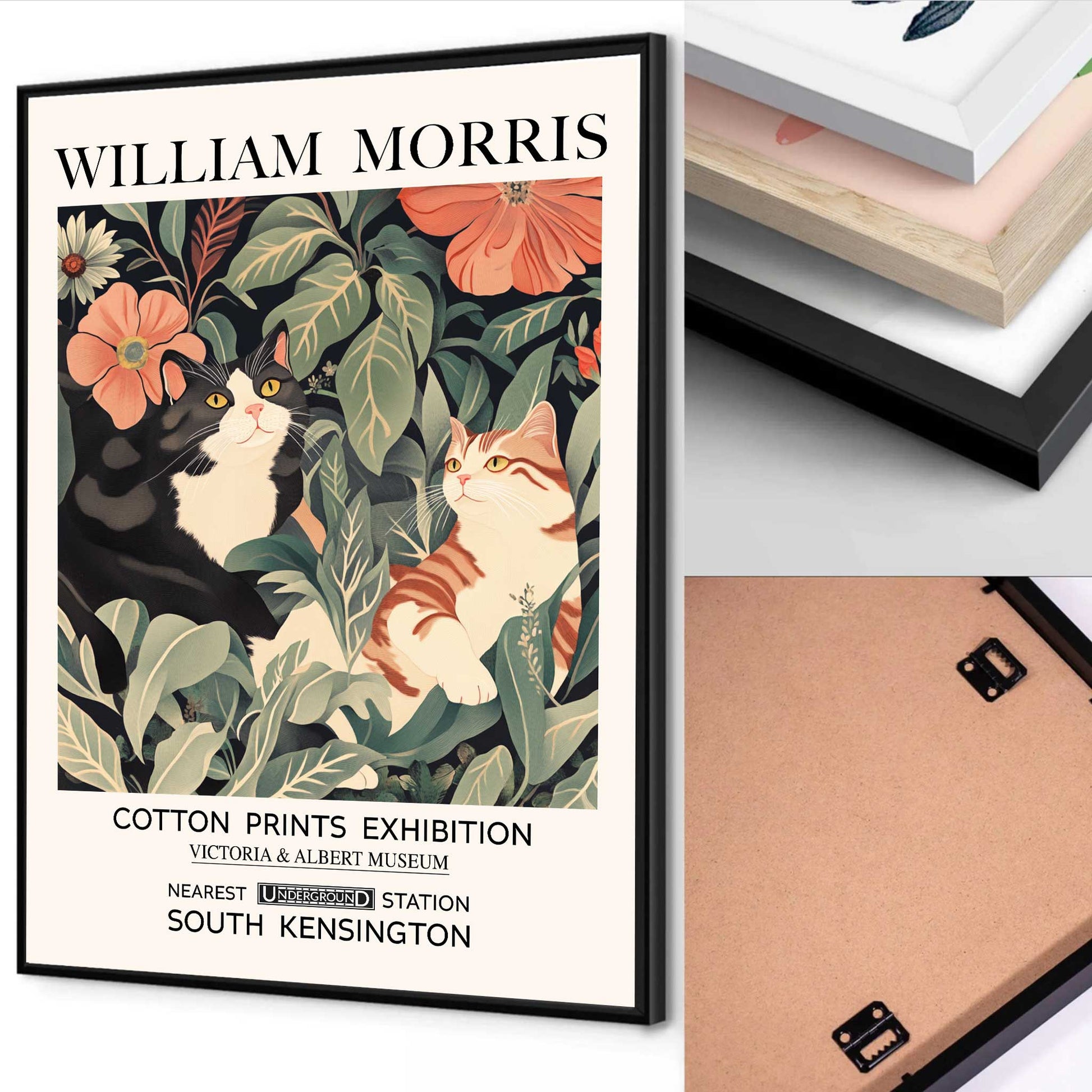 William Morris two cats print featuring a tuxedo cat and ginger cat surrounded by botanical foliage and flowers