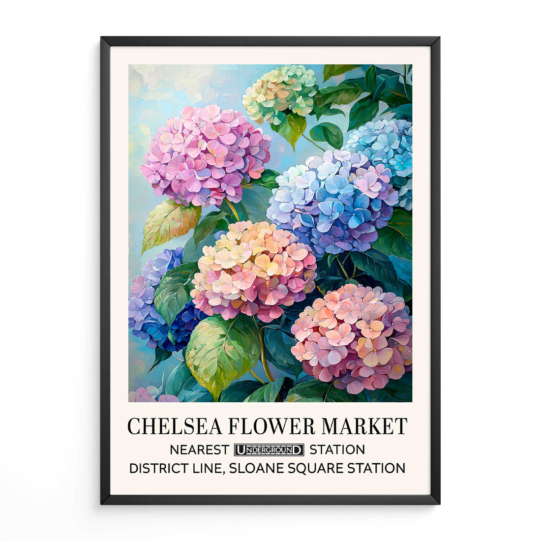 Hydrangea floral wall art print with blue, pink, and pastel hydrangea blooms painted in a soft watercolour style.