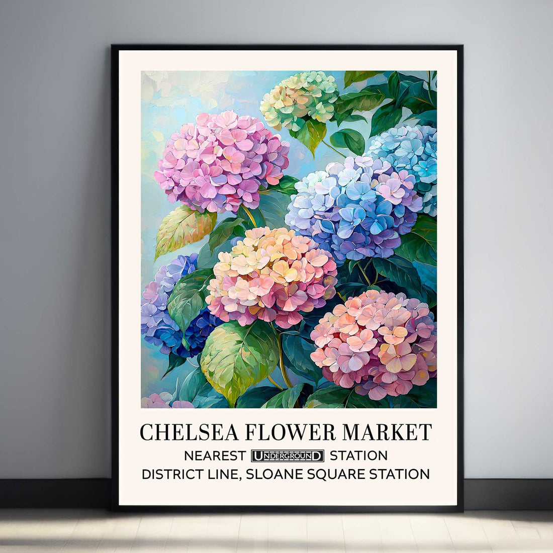 Hydrangea floral wall art print with blue, pink, and pastel hydrangea blooms painted in a soft watercolour style.