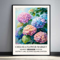 Hydrangea floral wall art print with blue, pink, and pastel hydrangea blooms painted in a soft watercolour style.