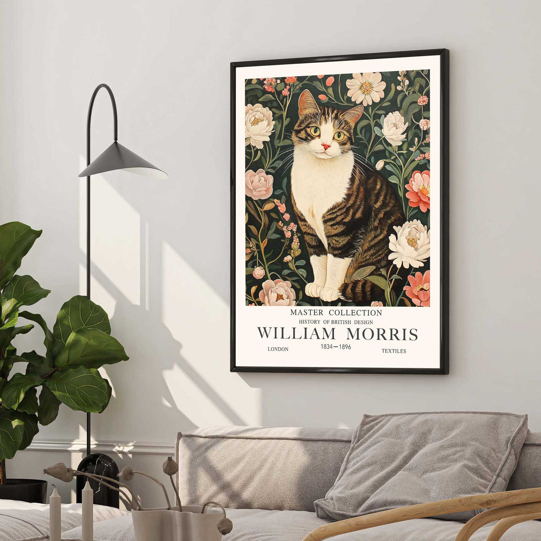 William Morris Style Tabby cat and flower Print Portrait, for living room bed room gift for cat lovers