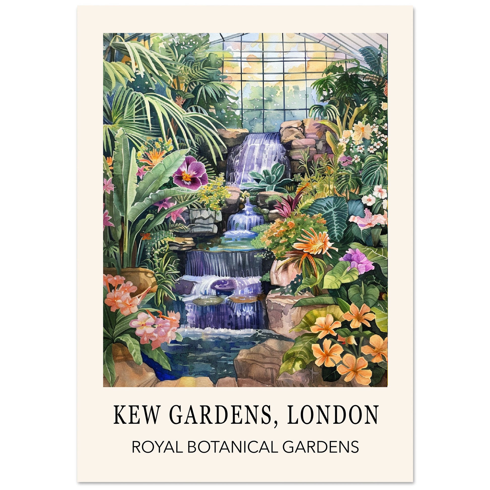 Kew Gardens London Wall Art Print features a waterfall, flowers and tropical plants.