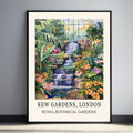Kew Gardens London Wall Art Print features a waterfall, flowers and tropical plants.