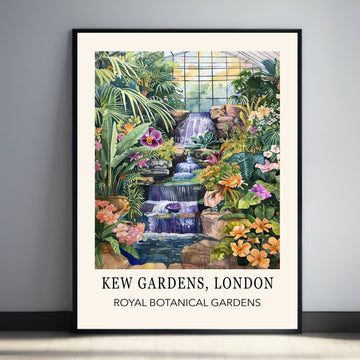 Kew Gardens London Wall Art Print features a waterfall, flowers and tropical plants.