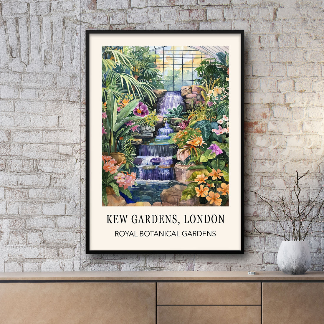 Kew Gardens London Wall Art Print features a waterfall, flowers and tropical plants.