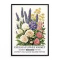 Lavender & Roses Vintage Floral Wall Art featuring a mix of pastel lavender, cream, yellow, and soft pink roses & wildflowers in a garden, illustrated in a vintage botanical poster.