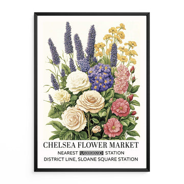 Lavender & Roses Vintage Floral Wall Art featuring a mix of pastel lavender, cream, yellow, and soft pink roses &amp; wildflowers in a garden, illustrated in a vintage botanical poster.