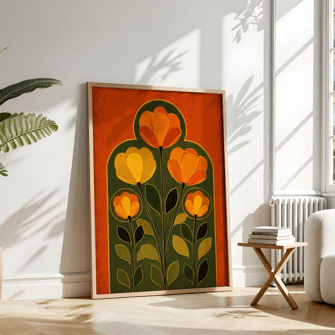 Mid-Century Print Burnt Orange Floral Wall Art