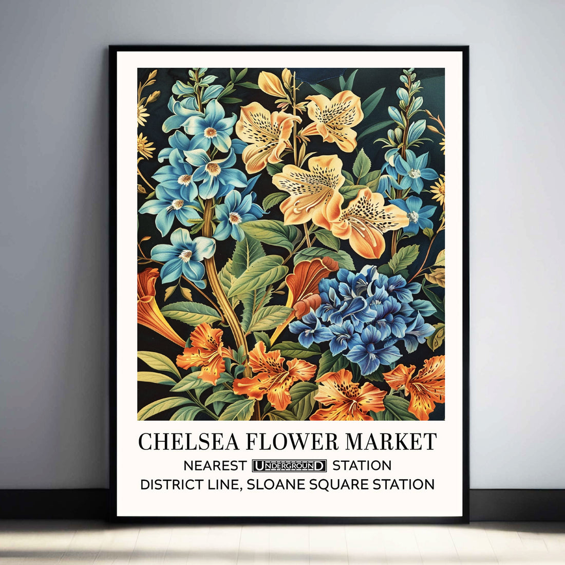 Lilies Floral Poster Wall Art features vintage flowers in Orange and blue in a classic botanical poster inspired by English gardens