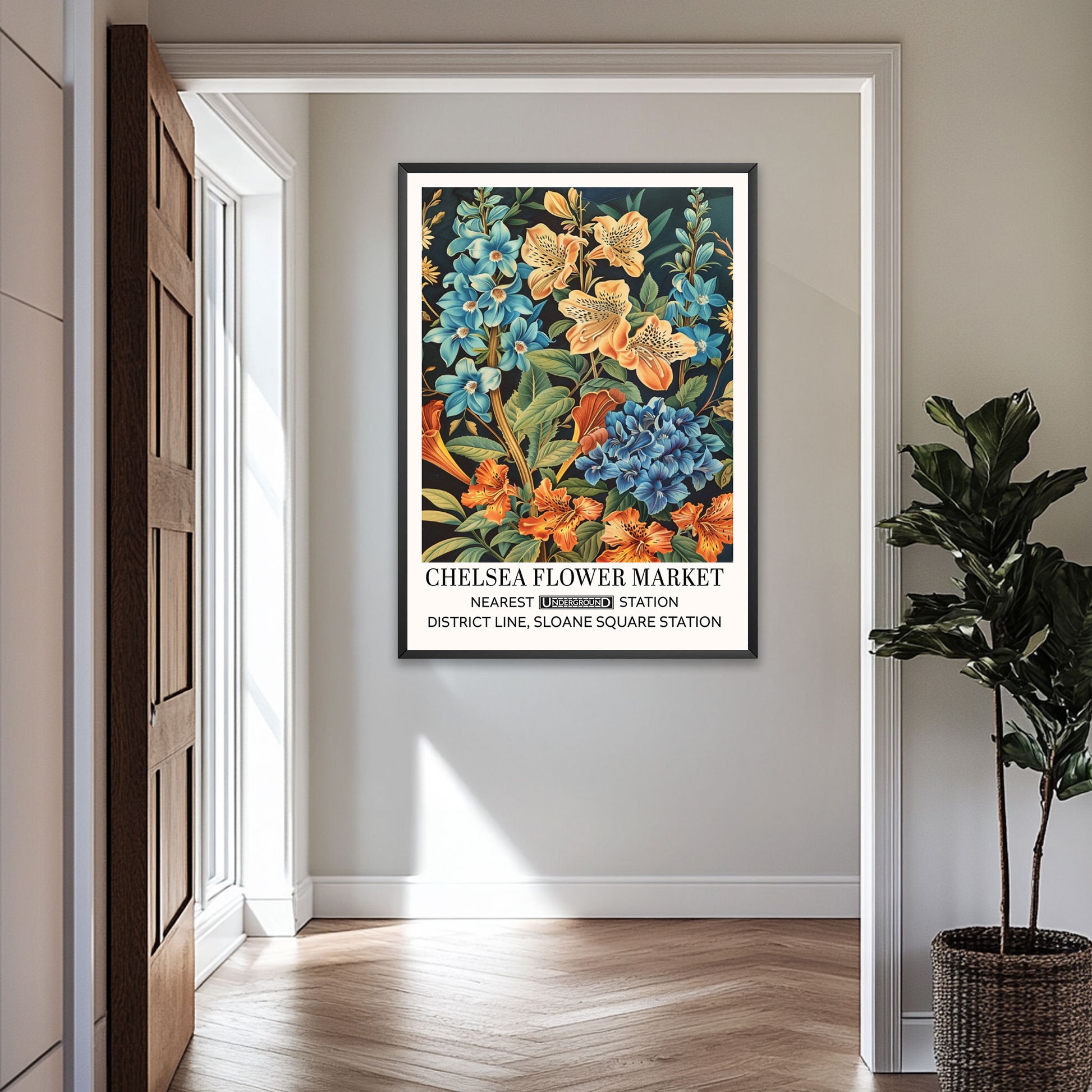 Lilies Floral Poster Wall Art features vintage flowers in Orange and blue in a classic botanical poster inspired by English gardens