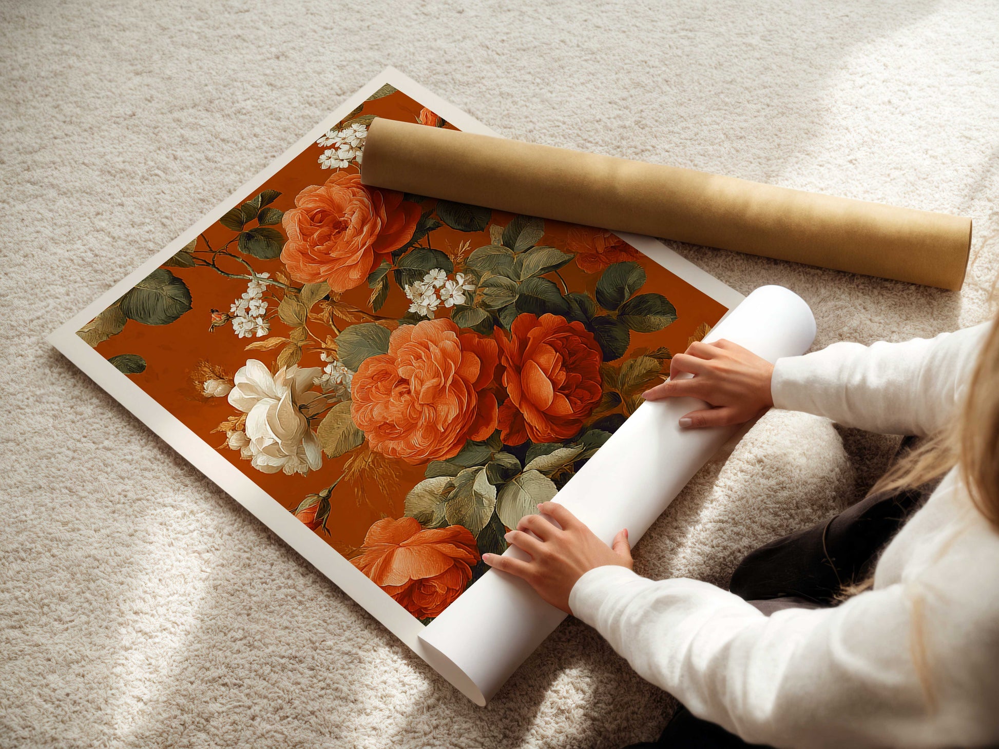 Orange Floral Print Liberty London Style Vintage Flower Wall Art. Stylish Art For Modern Homes And HouseWarming Or new Home Gifts