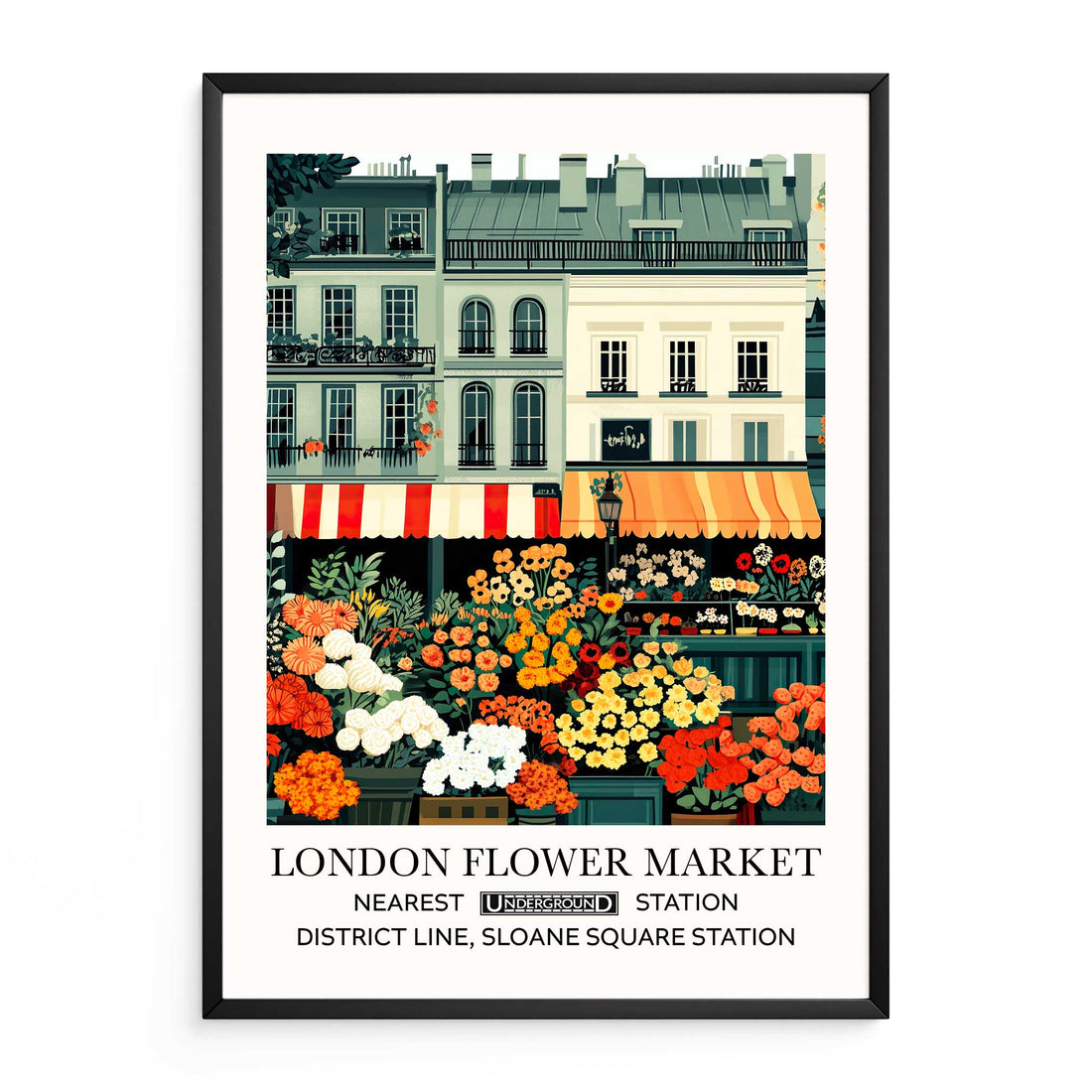 London Flower Market Wall Art Print featuring vintage London flower stalls and storefront awnings in a flower &amp; street market scene.