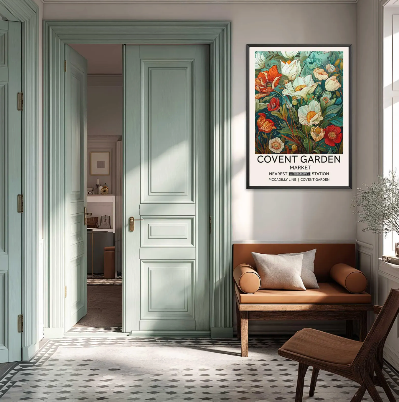 London Flower Market print on a white wall. A bench and open door leading to another room.