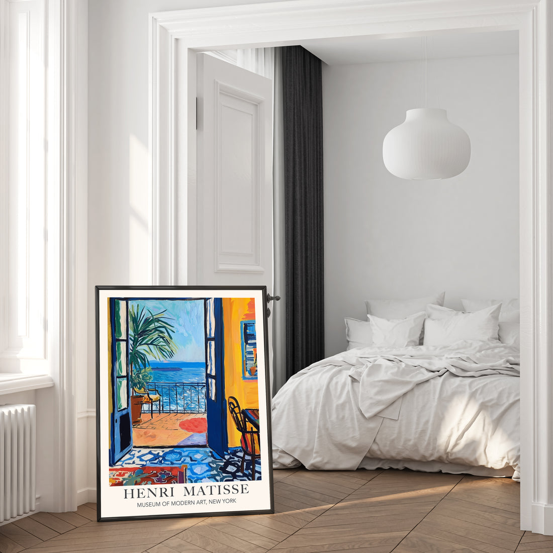 Matisse Mediterranean sea view print with balcony, blue doors and ocean view