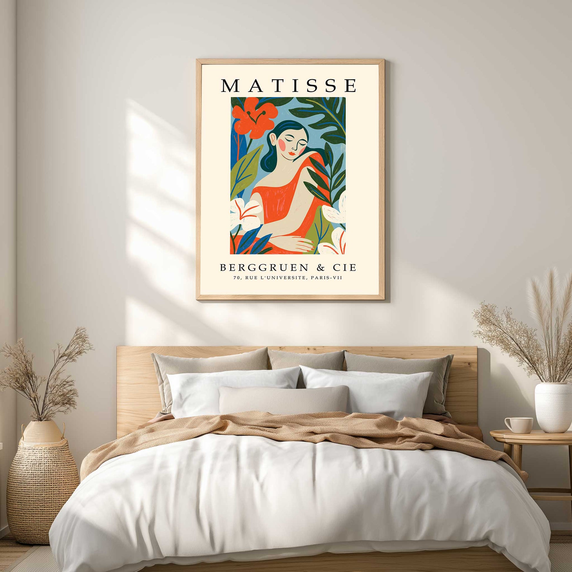 Matisse woman portrait print featuring a female figure surrounded by botanical leaves and flowers. Woman wall art and portrait print