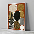 Mid century modern boho abstract art print featuring a geometric arrangement of organic shapes on a terracotta rust background. Graphic elements include a black palm plant in a striped pot, a gold leopard print oval, metallic gold circles, a black and white striped rectangle, and an off-white oval with concentric gold rings.