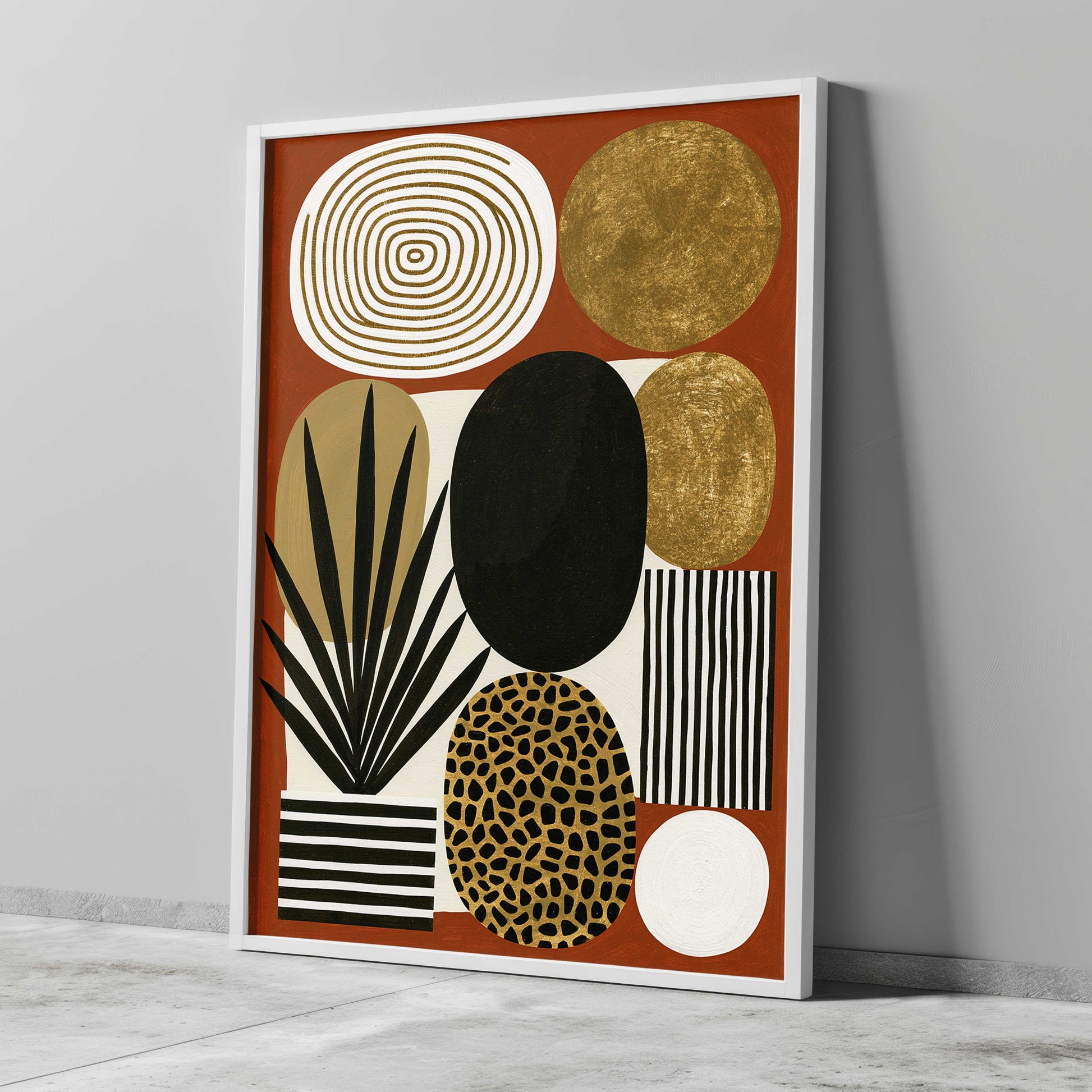 Mid century modern boho abstract art print featuring a geometric arrangement of organic shapes on a terracotta rust background. Graphic elements include a black palm plant in a striped pot, a gold leopard print oval, metallic gold circles, a black and white striped rectangle, and an off-white oval with concentric gold rings.
