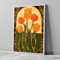Mid century modern 1970s retro style art print featuring a bouquet of five stylized orange and yellow tulips on dark green leaves. The design sits inside a pale cream archway, framed by a thick black border decorated with swirling orange and gold floral patterns.