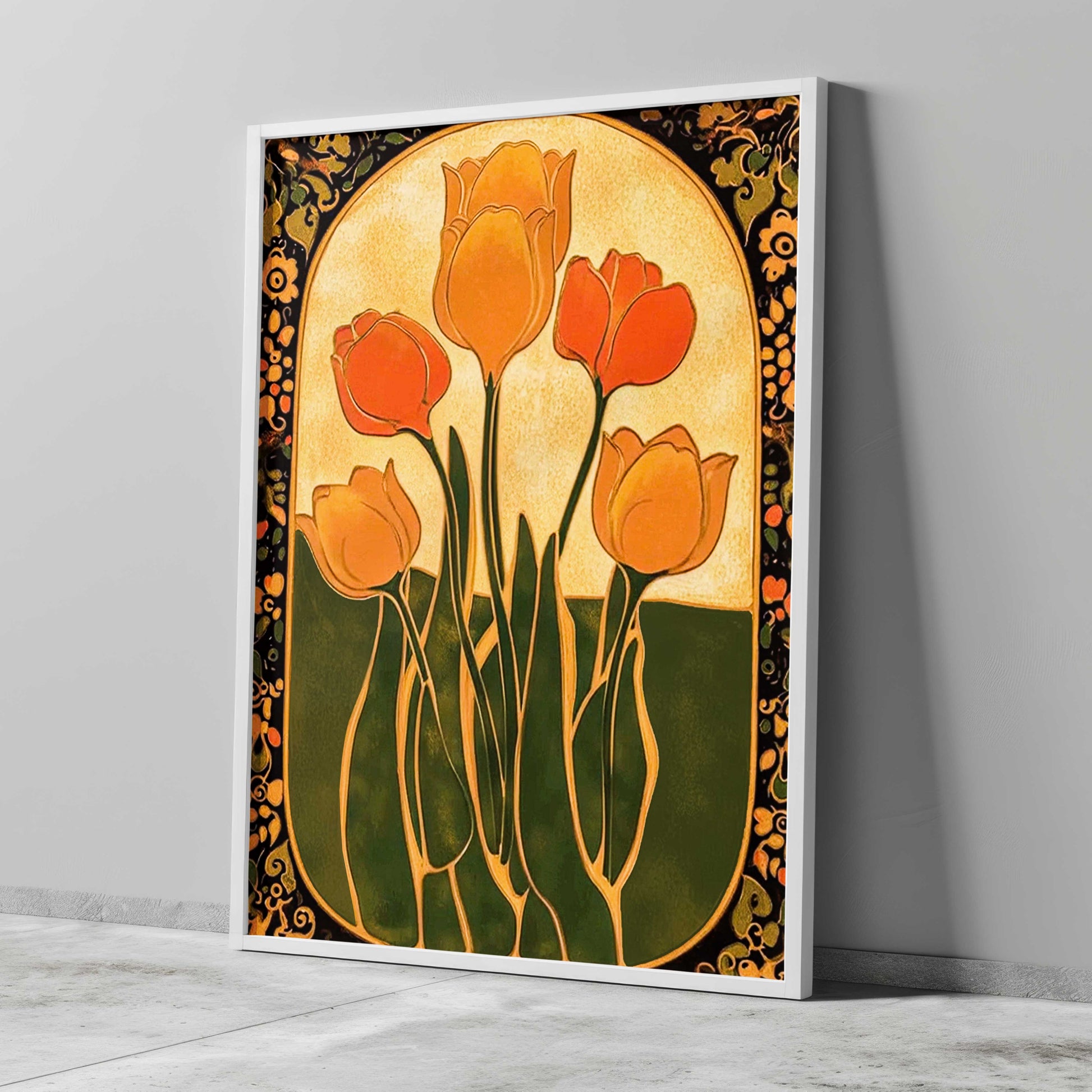 Mid century modern 1970s retro style art print featuring a bouquet of five stylized orange and yellow tulips on dark green leaves. The design sits inside a pale cream archway, framed by a thick black border decorated with swirling orange and gold floral patterns.