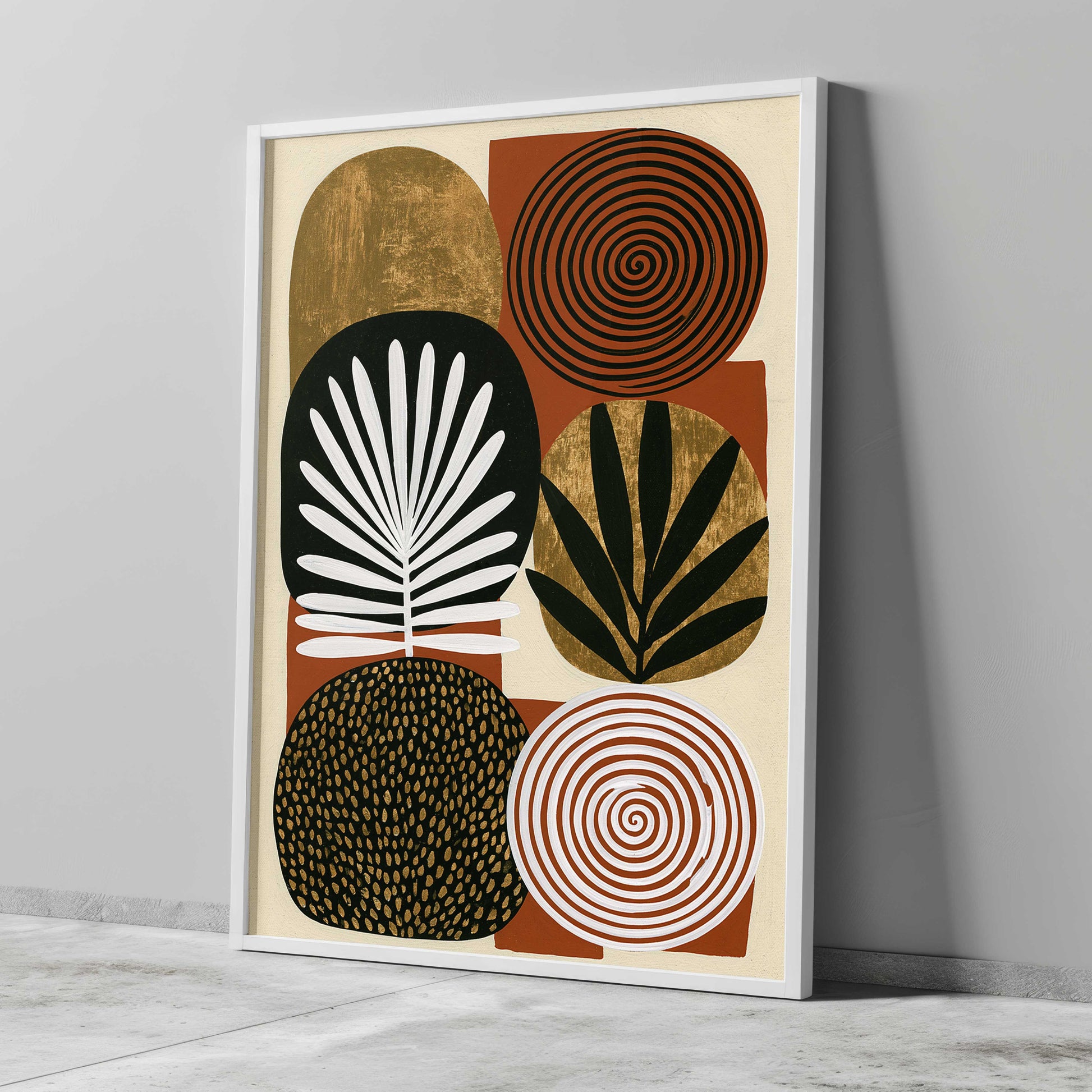 Mid century modern boho abstract art print featuring a grid arrangement of six organic, rounded geometric shapes on a terracotta rust background. Graphic textures include gold foil arches, a black spiral circle, a white concentric spiral, a gold circle with a black leaf sprig, a black oval with a white palm frond, and a dark brown oval covered in gold dots.