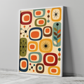 Mid Century Atomic Retro Print with a retro-style pattern featuring geometric shapes and starburst designs on a beige background Colorful abstract patterned poster with geometric shapes on a beige background