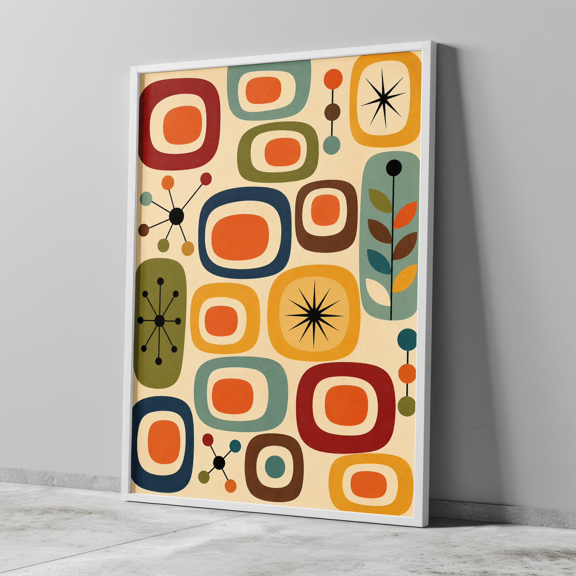 Mid Century Atomic Retro Print with a retro-style pattern featuring geometric shapes and starburst designs on a beige background Colorful abstract patterned poster with geometric shapes on a beige background