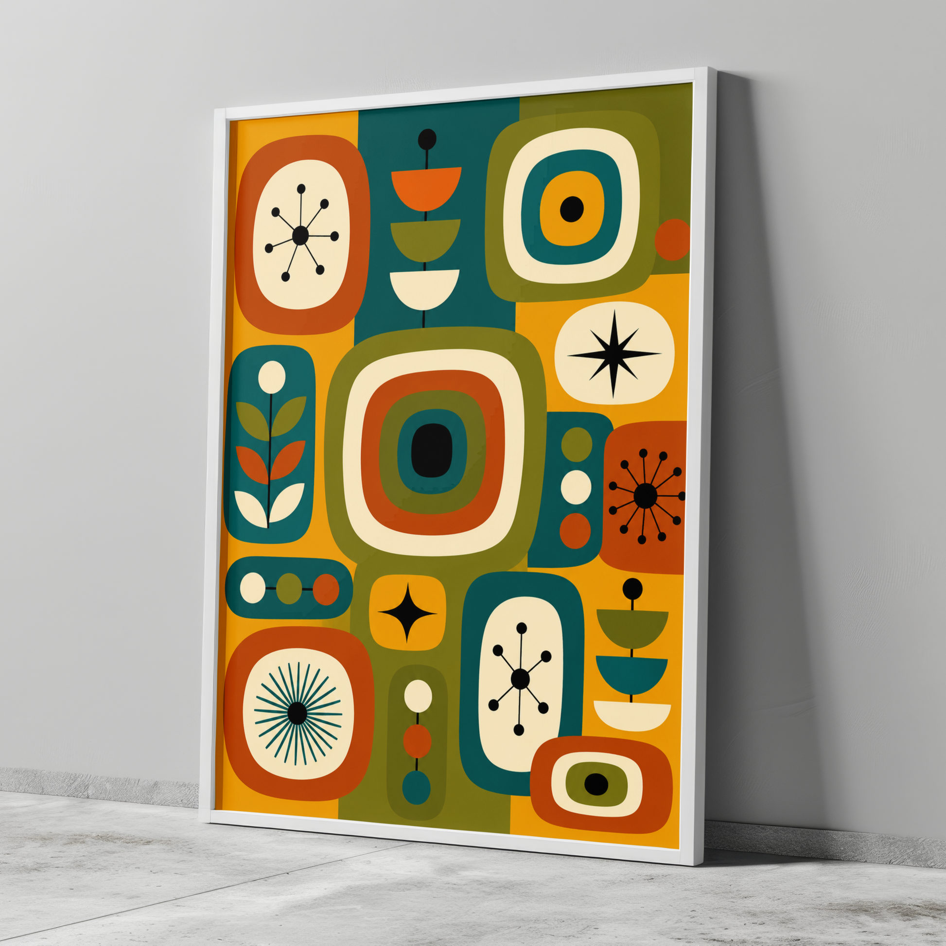 Mid Century Atomic Design Print with a pattern featuring geometric shapes leaf patterns and starburst designs in burnt orange and forest green on a colour blocked background.