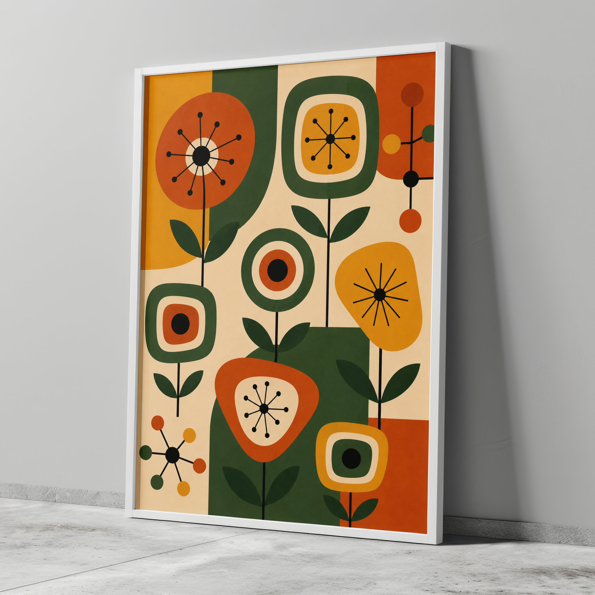 Mid Century Atomic Decor Print with starburst floral pattern designs in burnt orange, forest green, mustard yellow and beige colour blocked background.