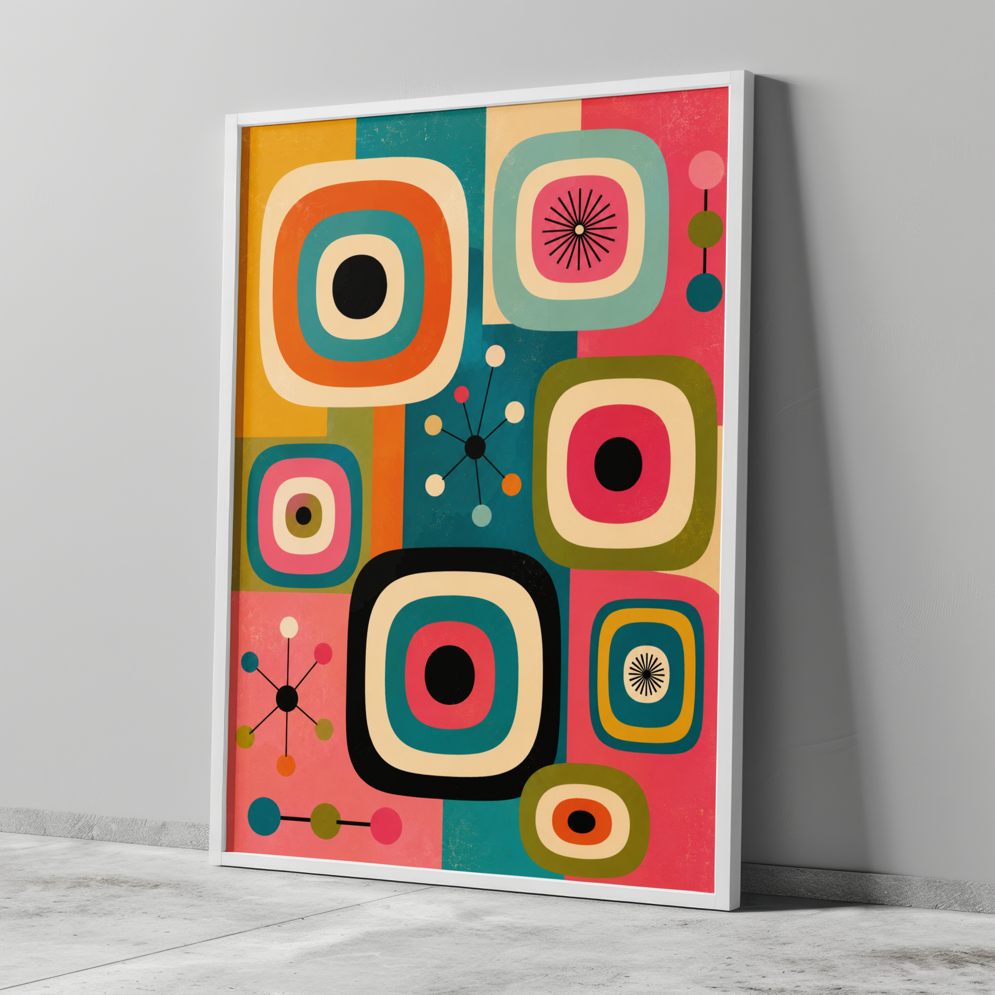 Mid century modern atomic age graphic wall art print featuring retro television shapes, starburst motifs, and geometric lines. The color palette features vibrant pink, turquoise teal, bright orange, olive green, mustard yellow, and black.