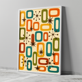 Mid century atomic poster artwork with a retro-style pattern featuring geometric shapes and starburst designs on a beige background.
