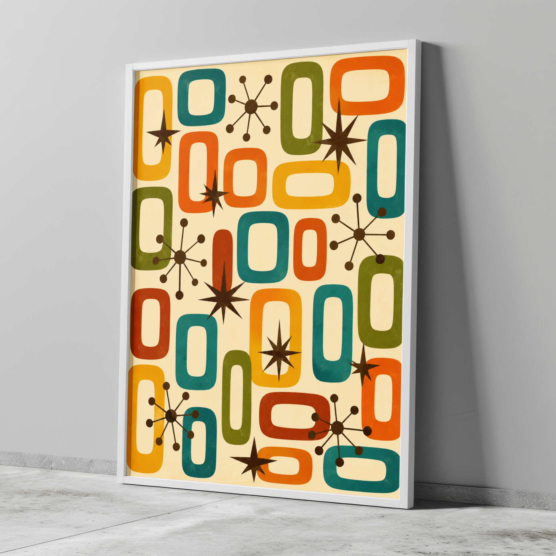 Mid century atomic poster artwork with a retro-style pattern featuring geometric shapes and starburst designs on a beige background.