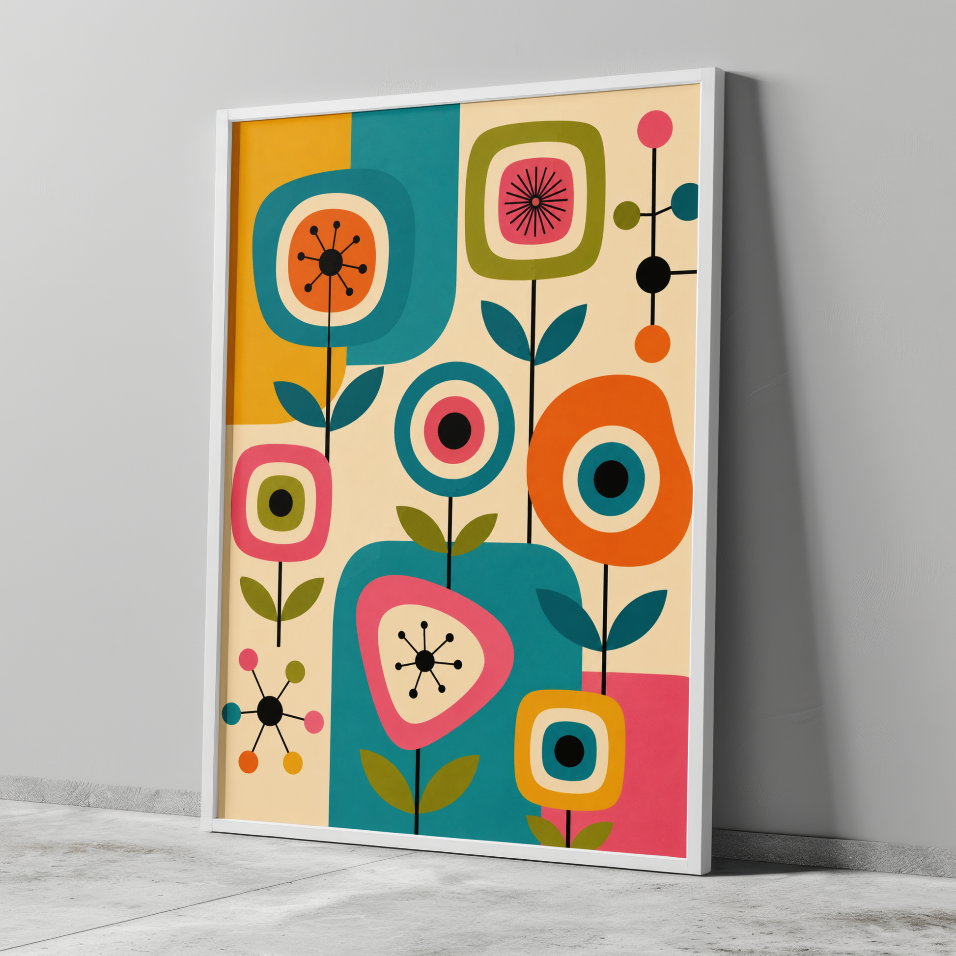 Vintage mid century modern art print featuring abstract geometric flowers and atomic starburst motifs with stylized stems and leaves. The retro design uses flat color-blocked panels in turquoise teal, vibrant orange, hot pink, olive green, mustard yellow, and cream.