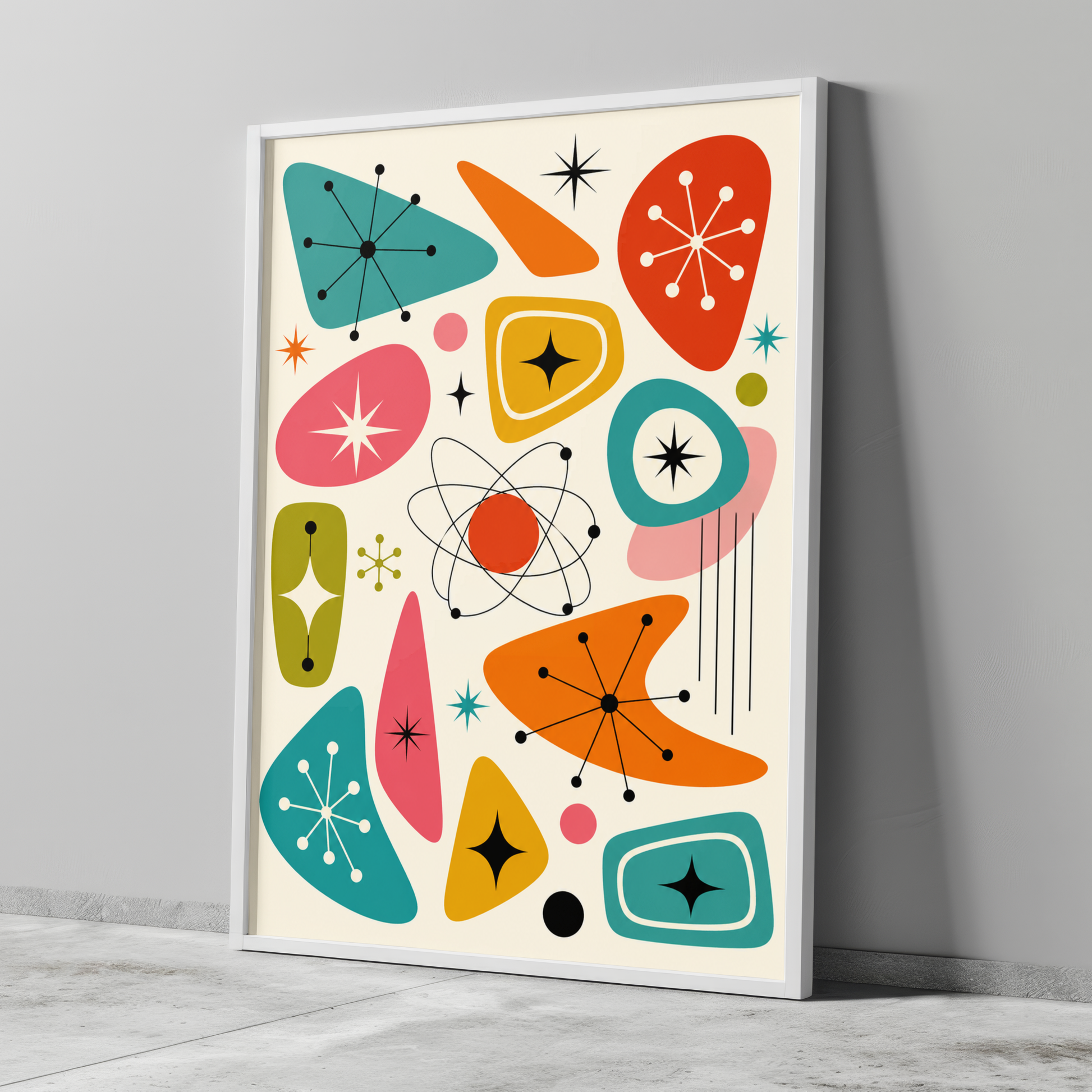 Vintage 1950s atomic age graphic art print featuring an abstract pattern of retro boomerang shapes, kidney beans, starbursts, sparkles, and a central atom symbol with orbits. The design uses teal, orange, pink, yellow, and olive green on a cream background