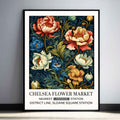 Moody floral wall art print featuring peony flowers set against a dark background, with rich colours and a classic poster-style composition.