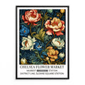 Moody floral wall art print featuring peony flowers set against a dark background, with rich colours and a classic poster-style composition.