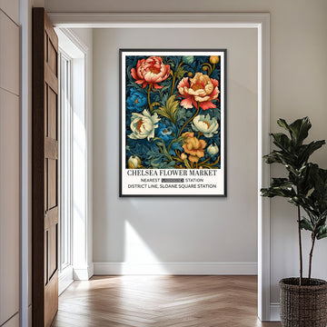 Moody floral wall art print featuring peony flowers set against a dark background, with rich colours and a classic poster-style composition.