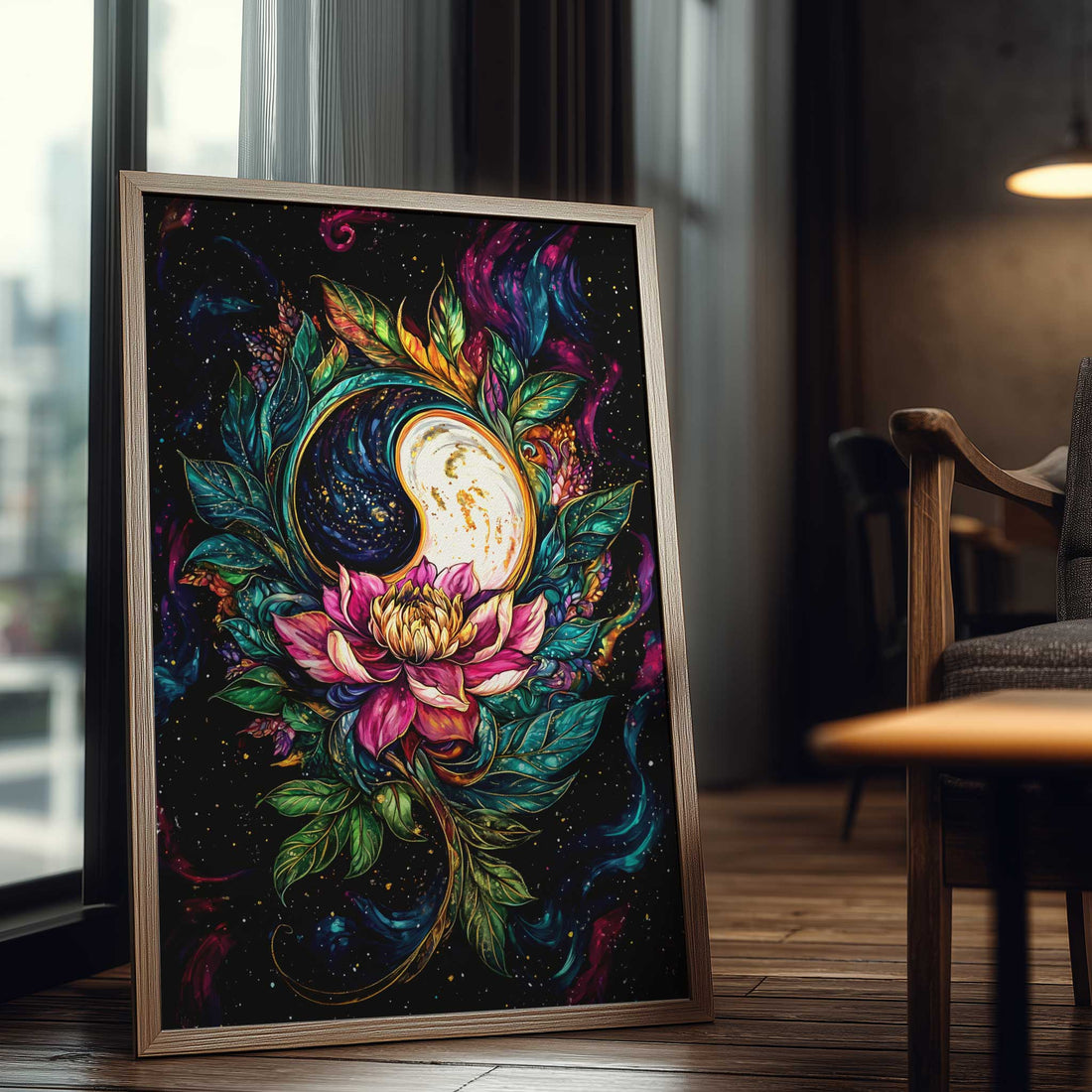 Moon Wall Art Yin & Yang Botanical Poster Colorful artwork of a yin yang symbol with floral elements against a starry night sky.
