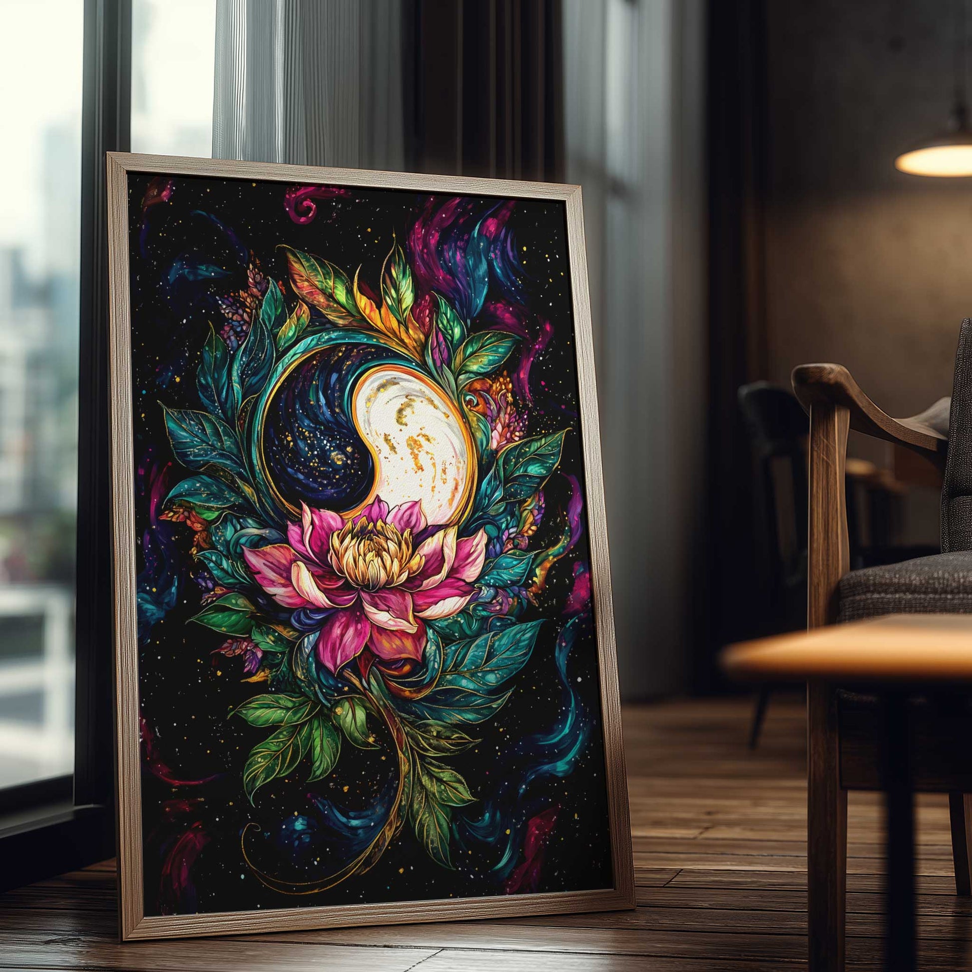 Moon Wall Art, Celestial Floral Print, Yin Yang Botanical Poster