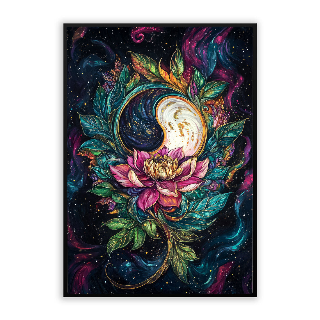 Moon Wall Art Yin & Yang Botanical Poster Colorful artwork of a yin yang symbol with floral elements against a starry night sky.