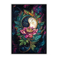 Moon Wall Art Yin & Yang Botanical Poster Colorful artwork of a yin yang symbol with floral elements against a starry night sky.